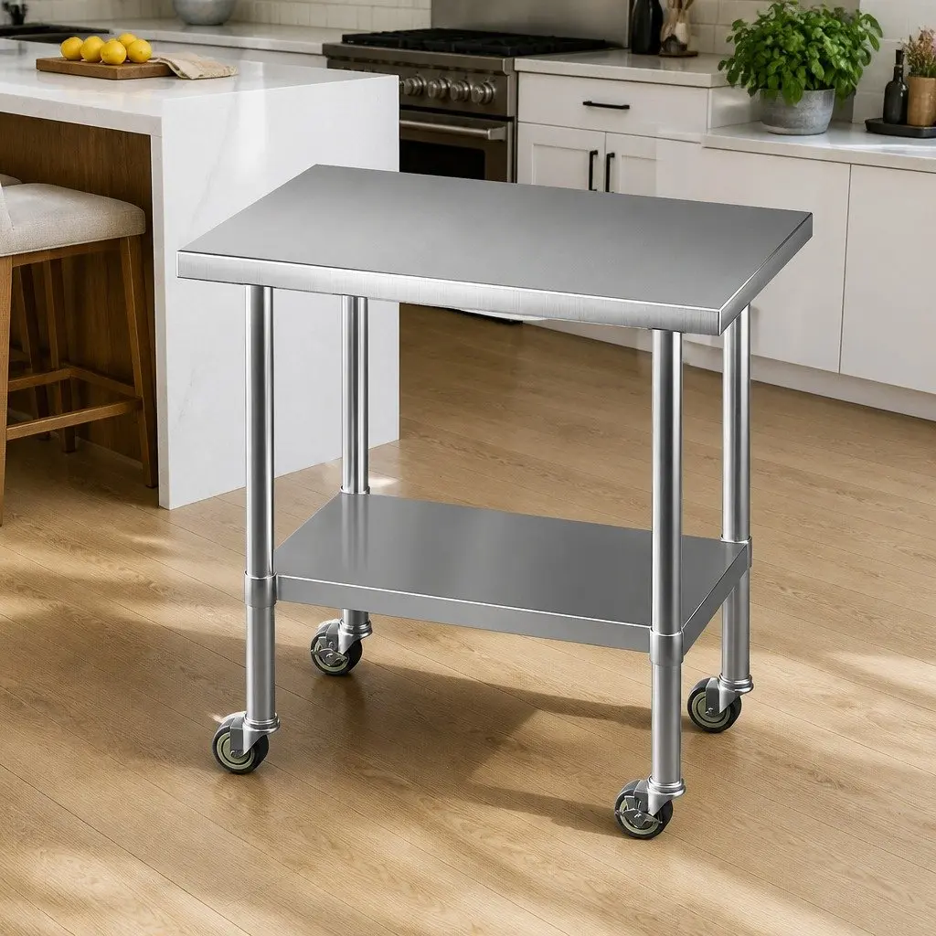 Stainless Steel Work Bench Kitchen Use 91x61cm with Wheels and Adjustable Shelf