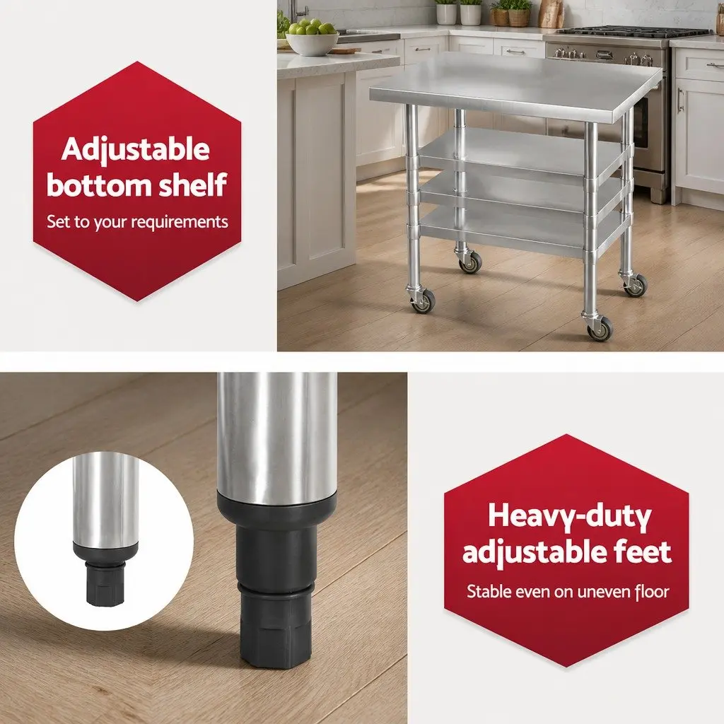 Stainless Steel Work Bench Kitchen Use 91x61cm with Wheels and Adjustable Shelf