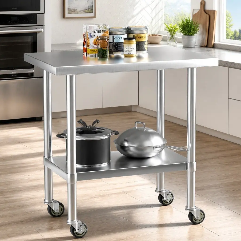 Stainless Steel Work Bench Kitchen Use 91x61cm with Wheels and Adjustable Shelf