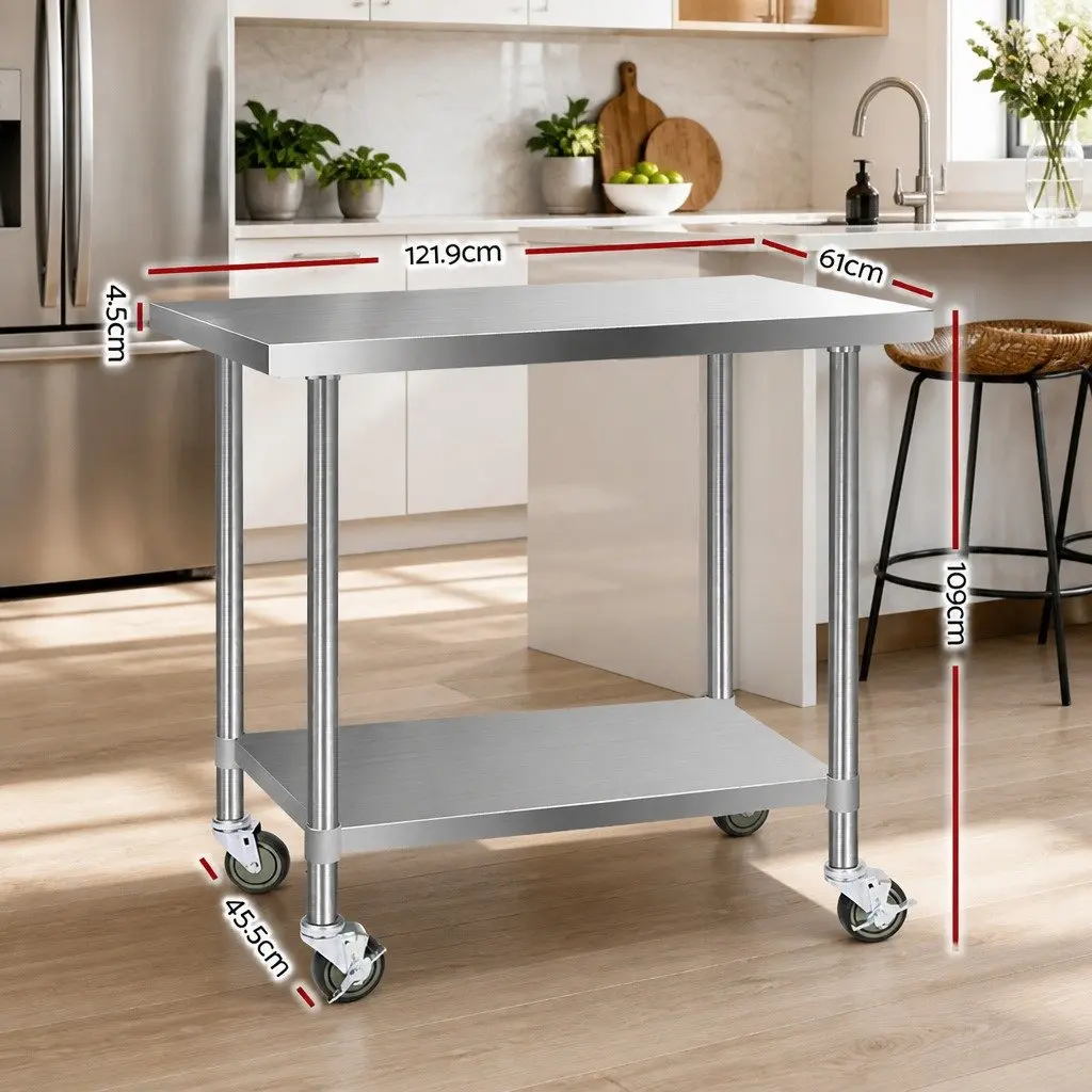 Stainless Steel Kitchen Bench with Lockable Wheels Adjustable Shelf Storage