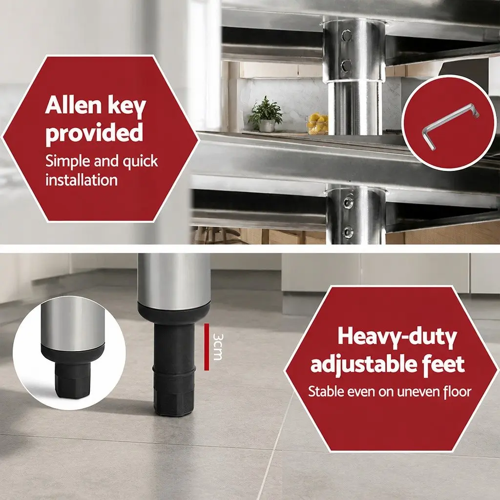 Stainless Steel Kitchen Bench with Lockable Wheels Adjustable Shelf Storage