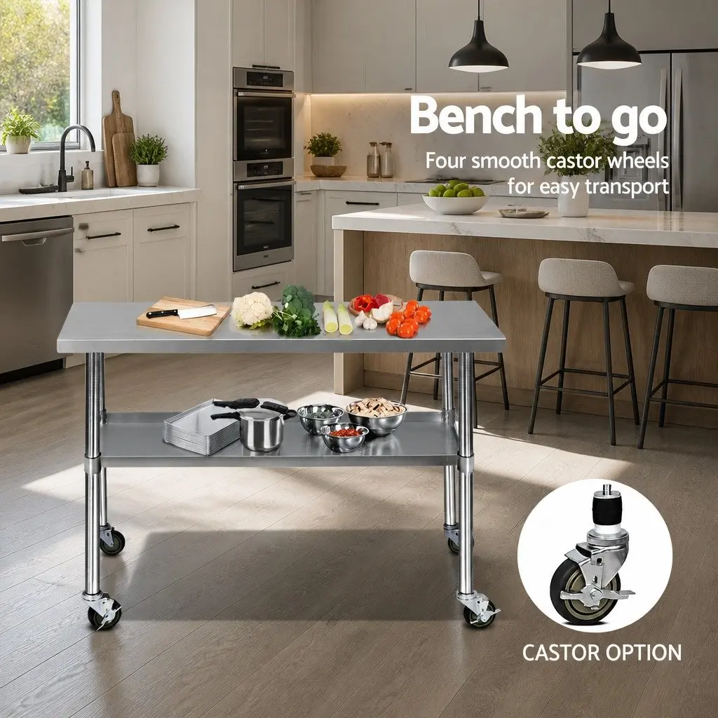 Stainless Steel Kitchen Bench with Lockable Wheels Adjustable Shelf Storage