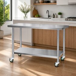 Stainless Steel Kitchen Bench with Wheels Adjustable Shelf Work Table Storage