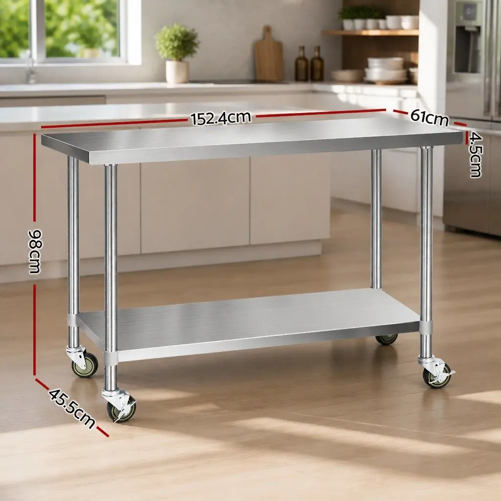 Stainless Steel Kitchen Work Table with Adjustable Height and Wheels
