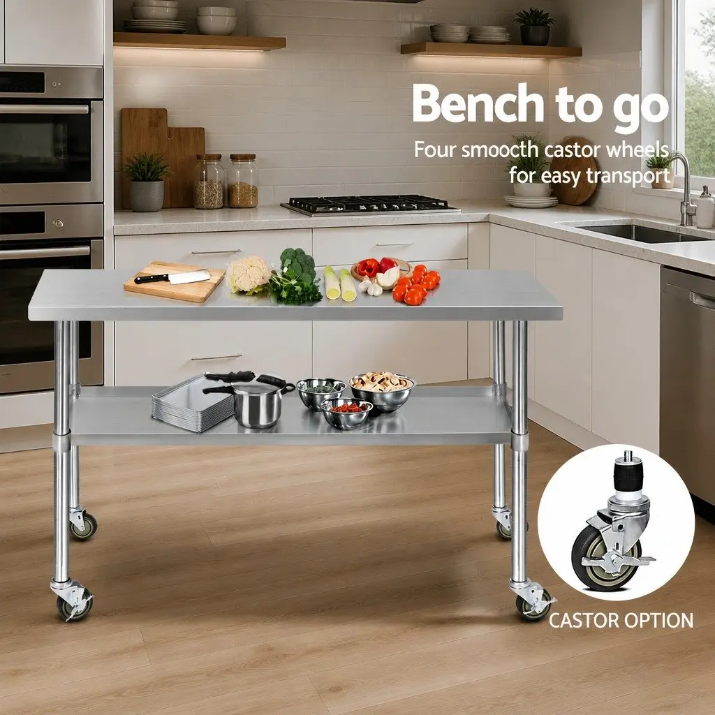 Stainless Steel Kitchen Work Table with Adjustable Height and Wheels