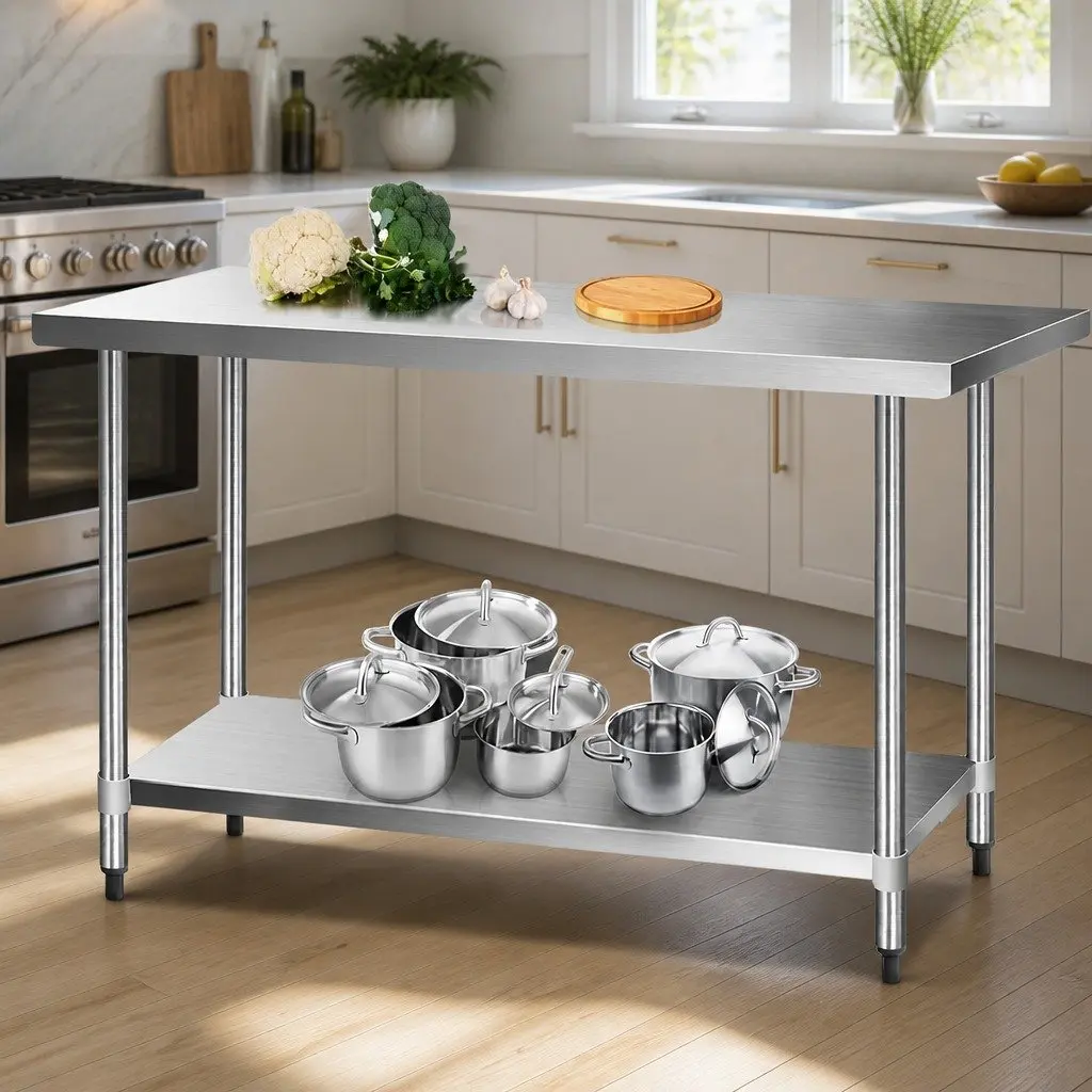 Stainless Steel Kitchen Work Table with Adjustable Height and Wheels