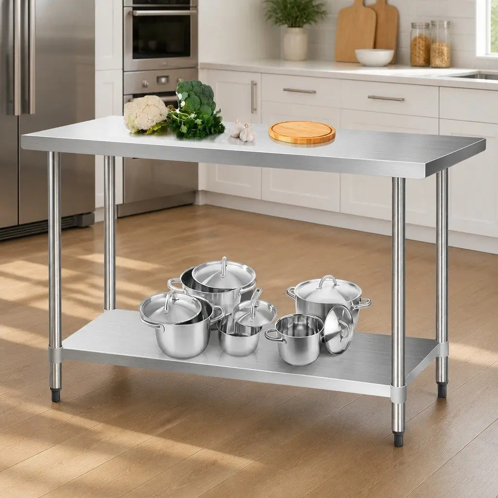 Stainless Steel Kitchen Work Table with Adjustable Height and Wheels