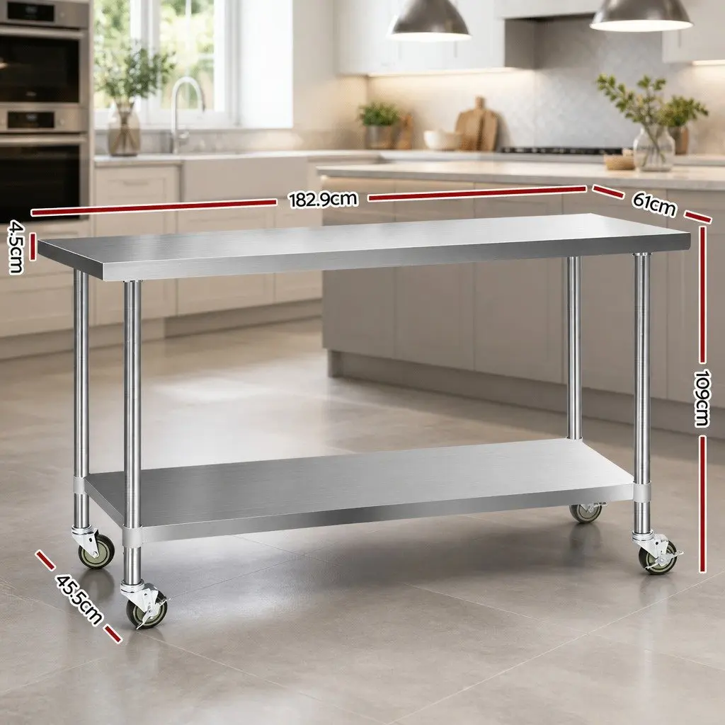 Stainless Steel Mobile Work Table Kitchen Bench 1829mm with Adjustable Shelving and Castor Wheels for Dining and Food Preparation