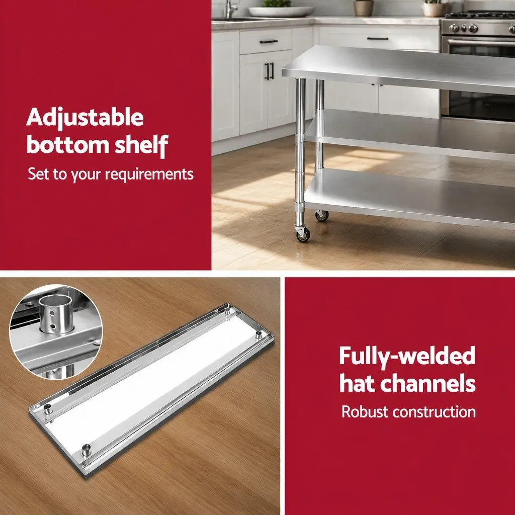 Stainless Steel Mobile Work Table Kitchen Bench 1829mm with Adjustable Shelving and Castor Wheels for Dining and Food Preparation