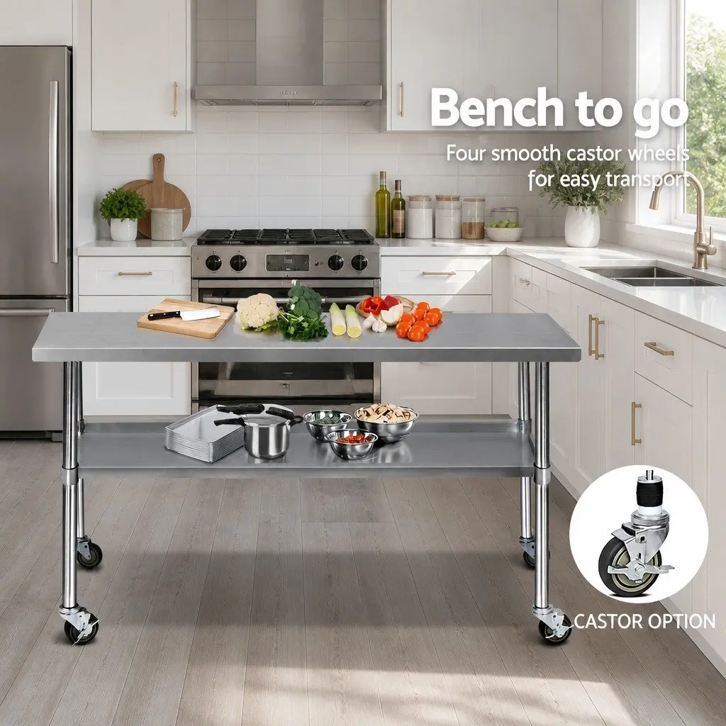 Stainless Steel Mobile Work Table Kitchen Bench 1829mm with Adjustable Shelving and Castor Wheels for Dining and Food Preparation