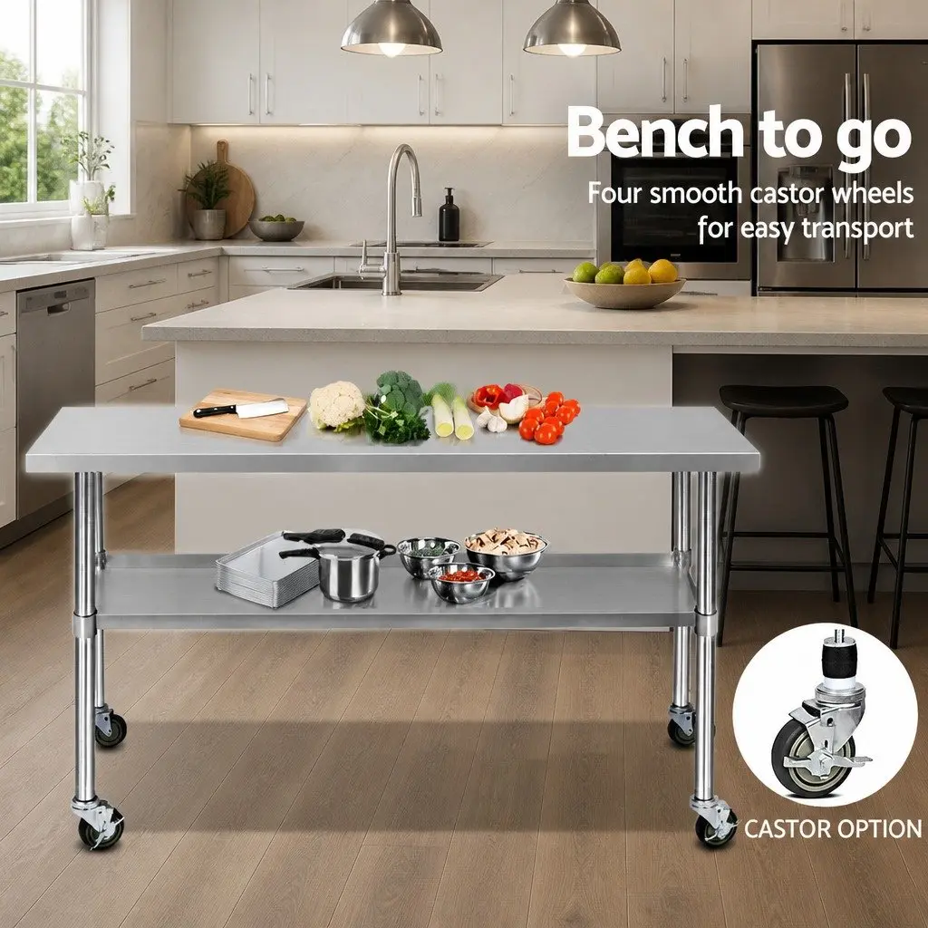 Stainless Steel Mobile Work Table Kitchen Bench 1829mm with Adjustable Shelving and Castor Wheels for Dining and Food Preparation