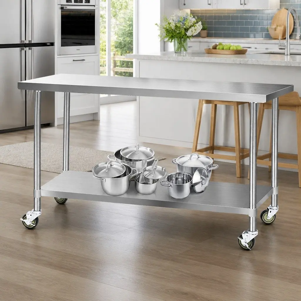Stainless Steel Mobile Work Table Kitchen Bench 1829mm with Adjustable Shelving and Castor Wheels for Dining and Food Preparation