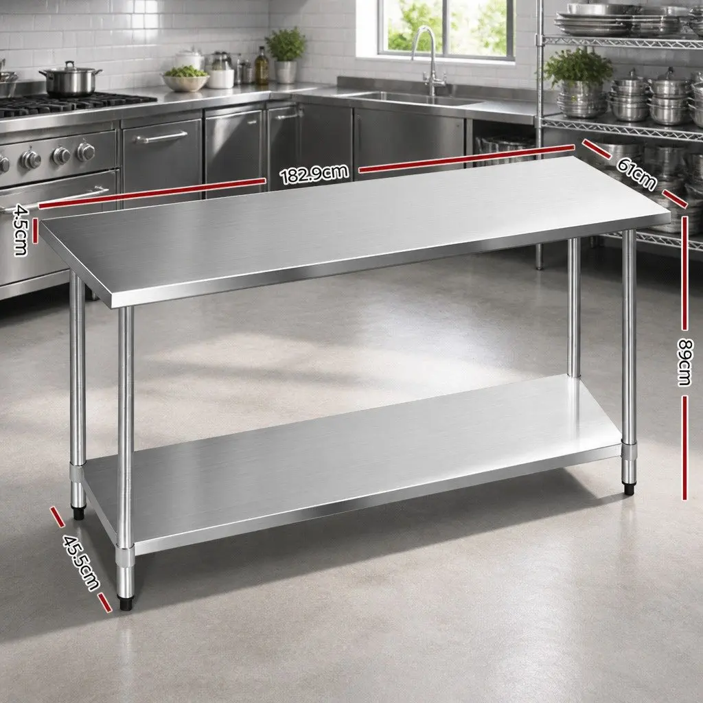 Stainless Steel Kitchen Work Bench 1829x610mm Commercial Food Prep Table with