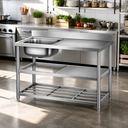 Stainless Steel Kitchen Bench Work Table 120cm with Sink and Splashback Prep