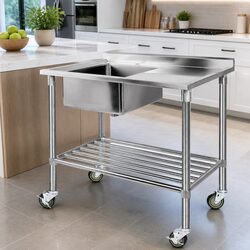 Stainless Steel Sink Bench Kitchen Work Table with Wheels Adjustable Shelf