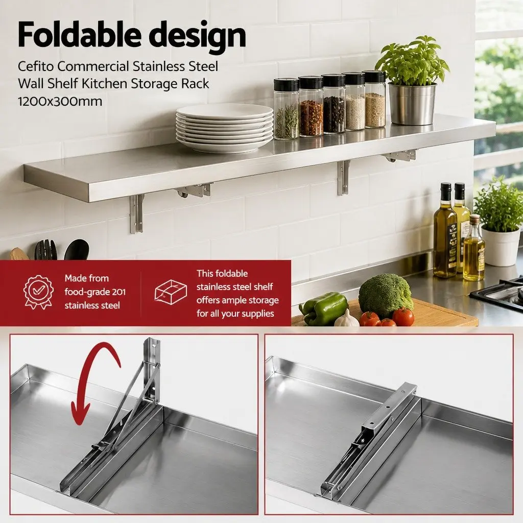 Stainless Steel Wall Shelf Kitchen Storage Rack 1200x300mm