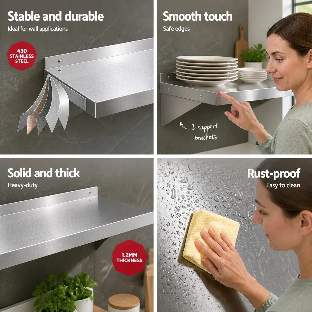 Stainless Steel Kitchen Wall Shelf 1200mm Mounted Rack Storage Display