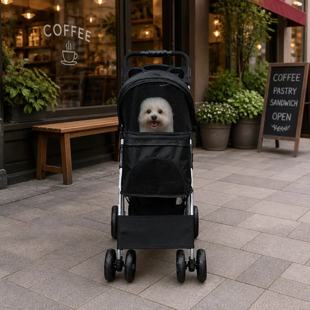 Pet Stroller 4 Wheels Dog Cat Pram Foldable Portable Travel Carrier Black