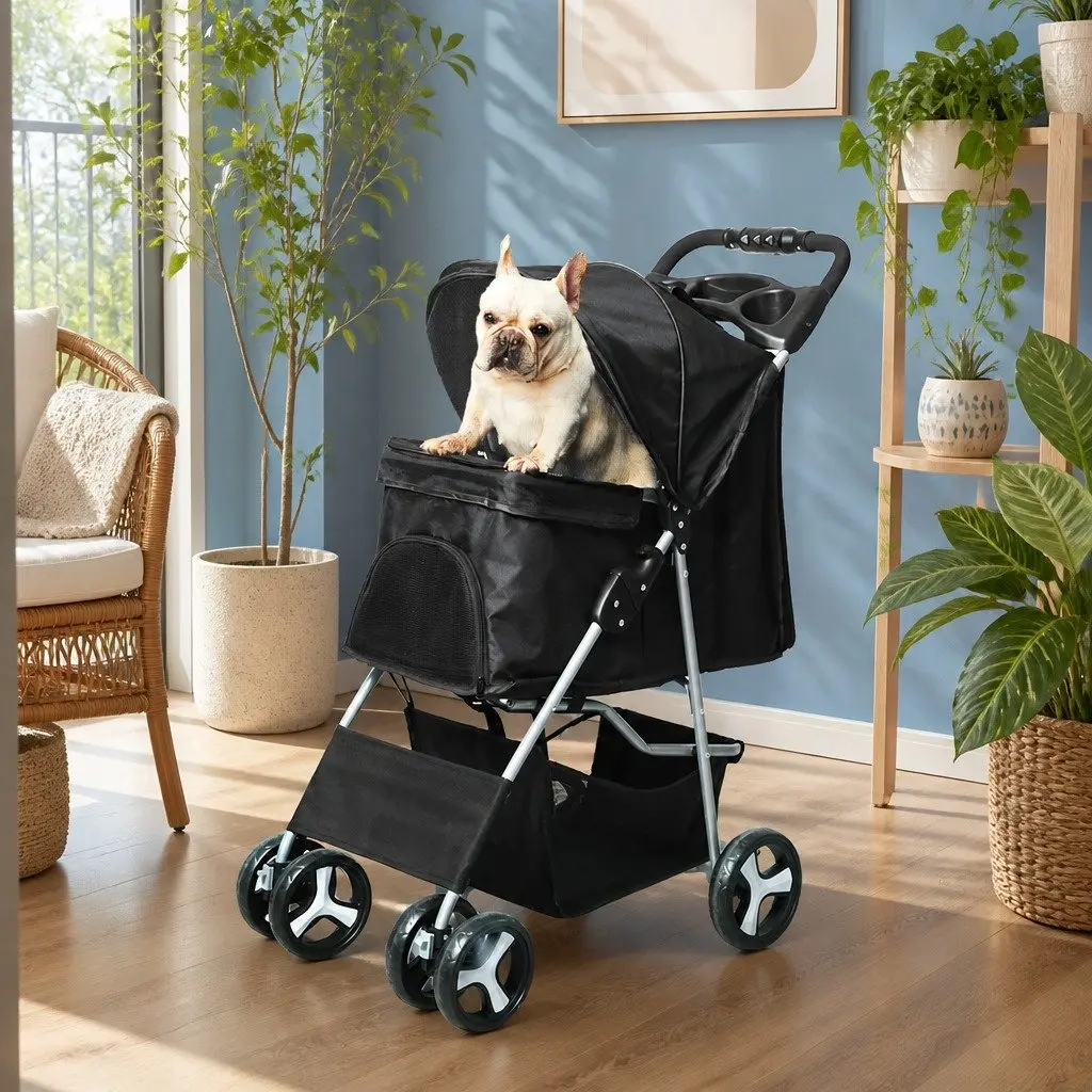 Pet Stroller 4 Wheels Dog Cat Pram Foldable Portable Travel Carrier Black