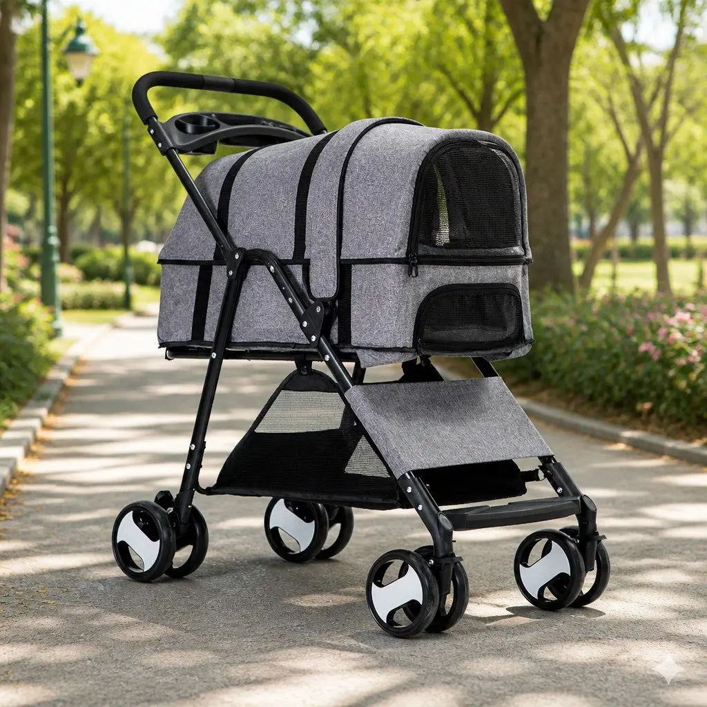 Pet Stroller for Dog Cat Travel Carrier Foldable Grey 77cm x 51cm x 102cm