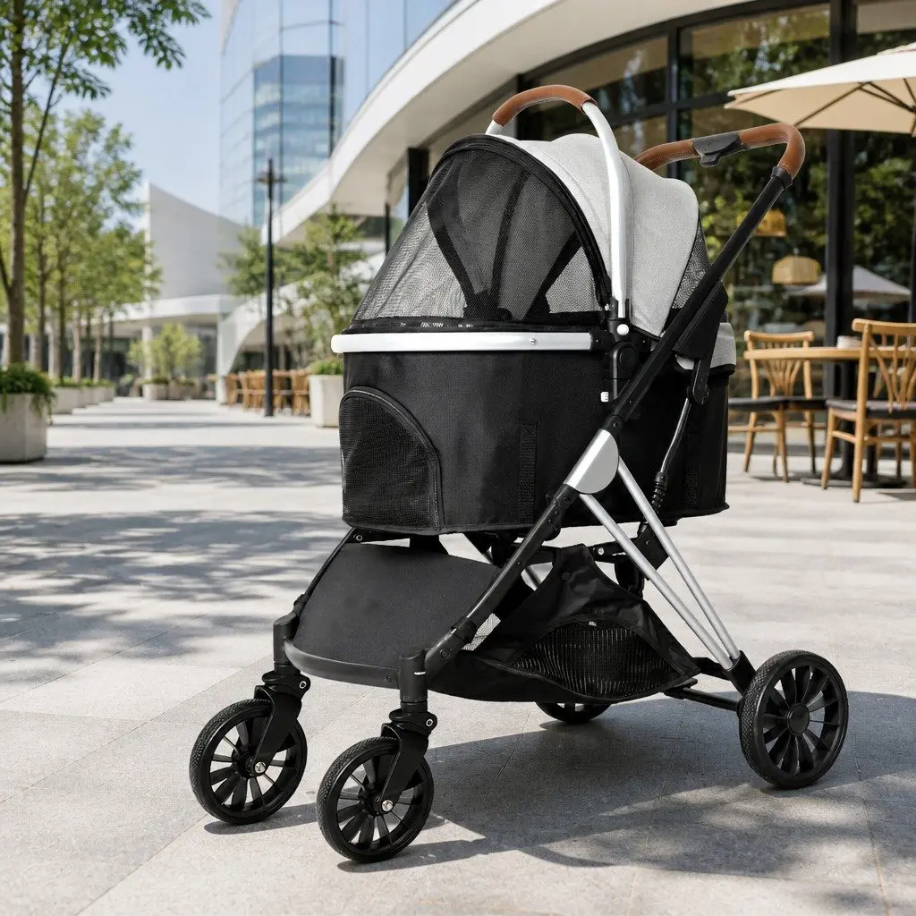 Pet Stroller 4 Wheels Dog Cat Pram Carrier Foldable Breathable Mesh Window