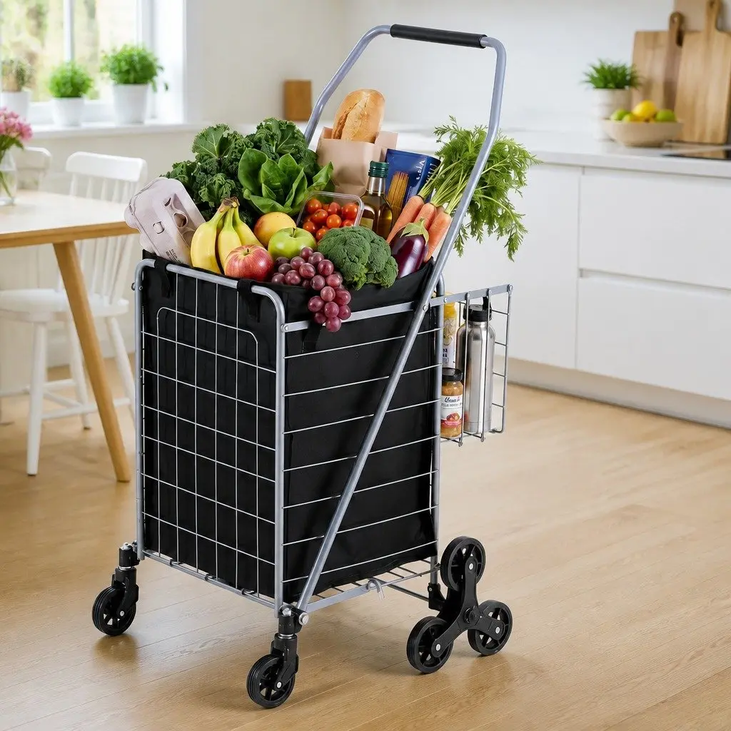 Folding Shopping Trolley Aluminium Stair Climbing Utility Cart Silver Grocery
