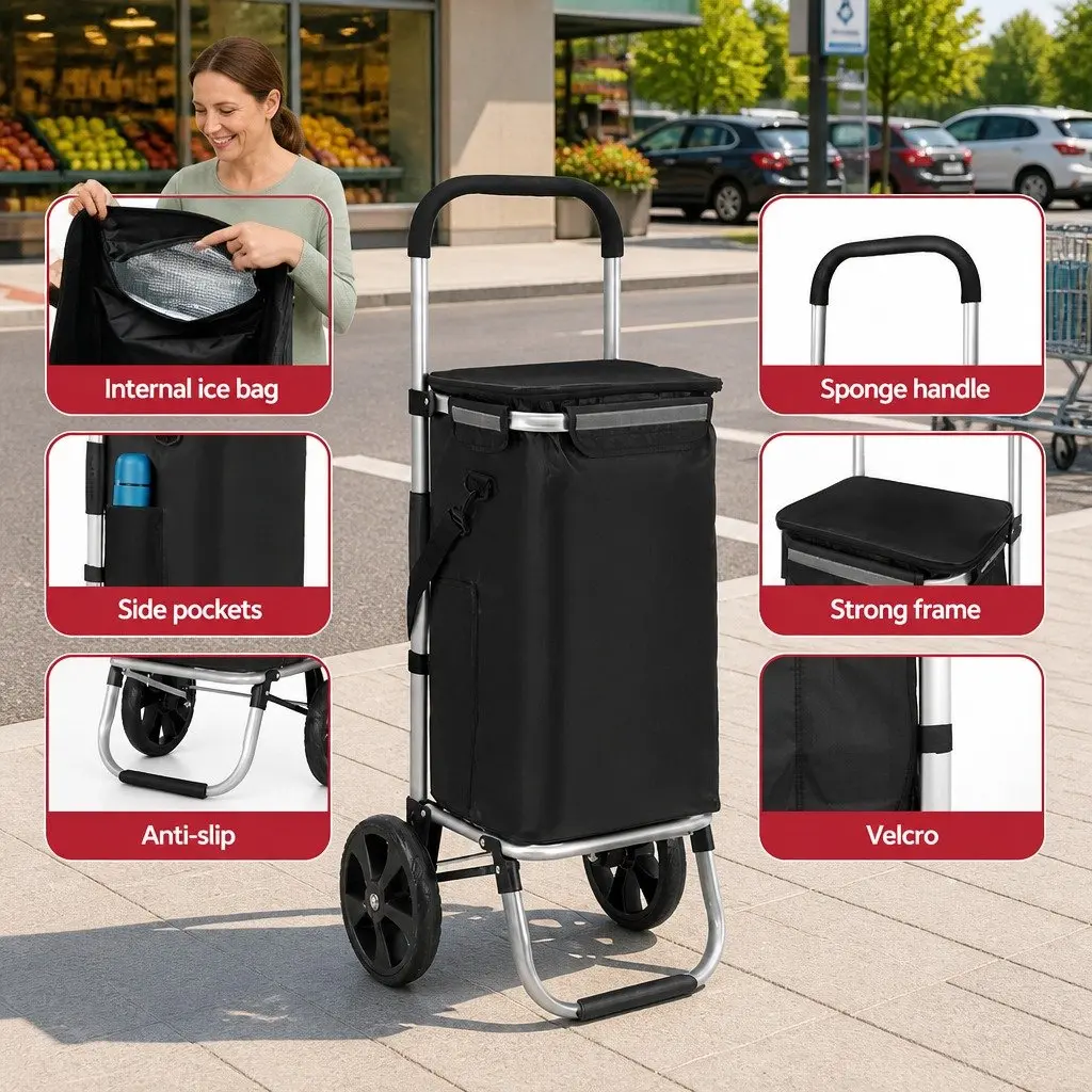 Shopping Trolley Cart Kitchen Dining Foldable Black 45kg Capacity