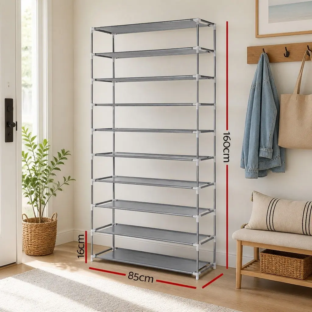 10-Tier Shoe Rack Storage Organizer Living Room Silver Metal Frame
