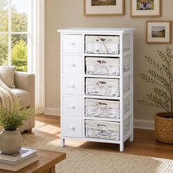 White Storage Cabinet: 47cm x 30cm x 82cm, 5 Drawers Included
