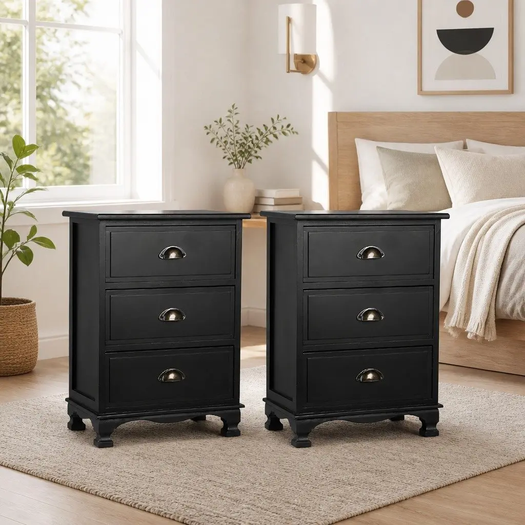 Bedside Table 3 Drawers Black Vintage Storage Cabinet Nightstand with Metal