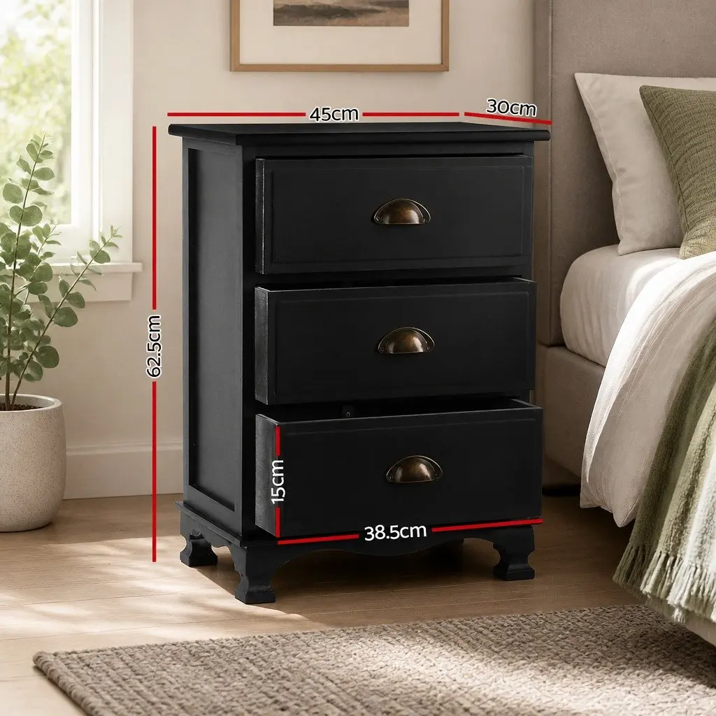Black Bedside Table 3 Drawers Vintage Storage Cabinet Bedroom 45cm W x 30cm D x 62.5cm H