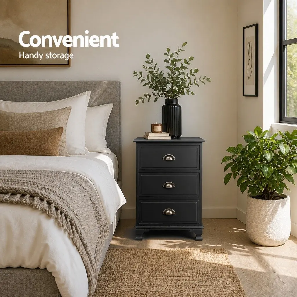 Black Bedside Table 3 Drawers Vintage Storage Cabinet Bedroom 45cm W x 30cm D x 62.5cm H