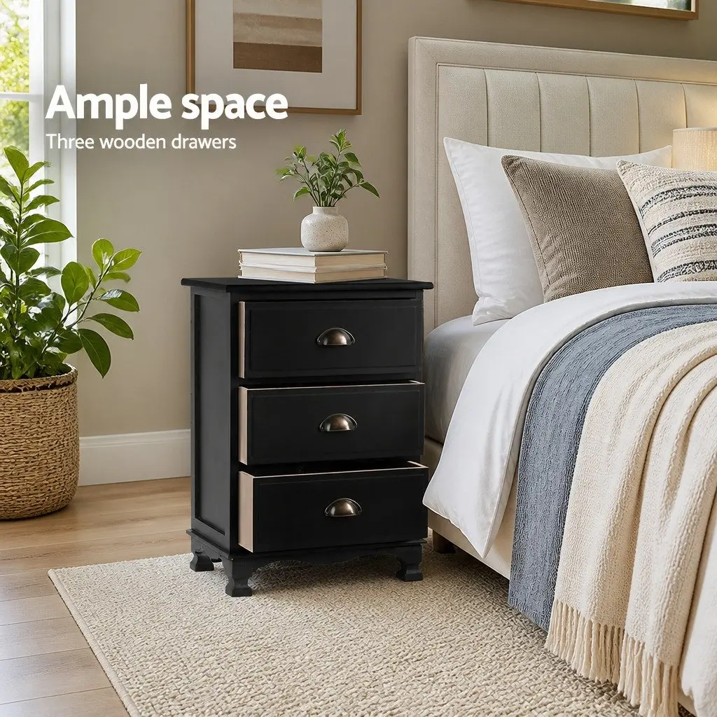Black Bedside Table 3 Drawers Vintage Storage Cabinet Bedroom 45cm W x 30cm D x 62.5cm H