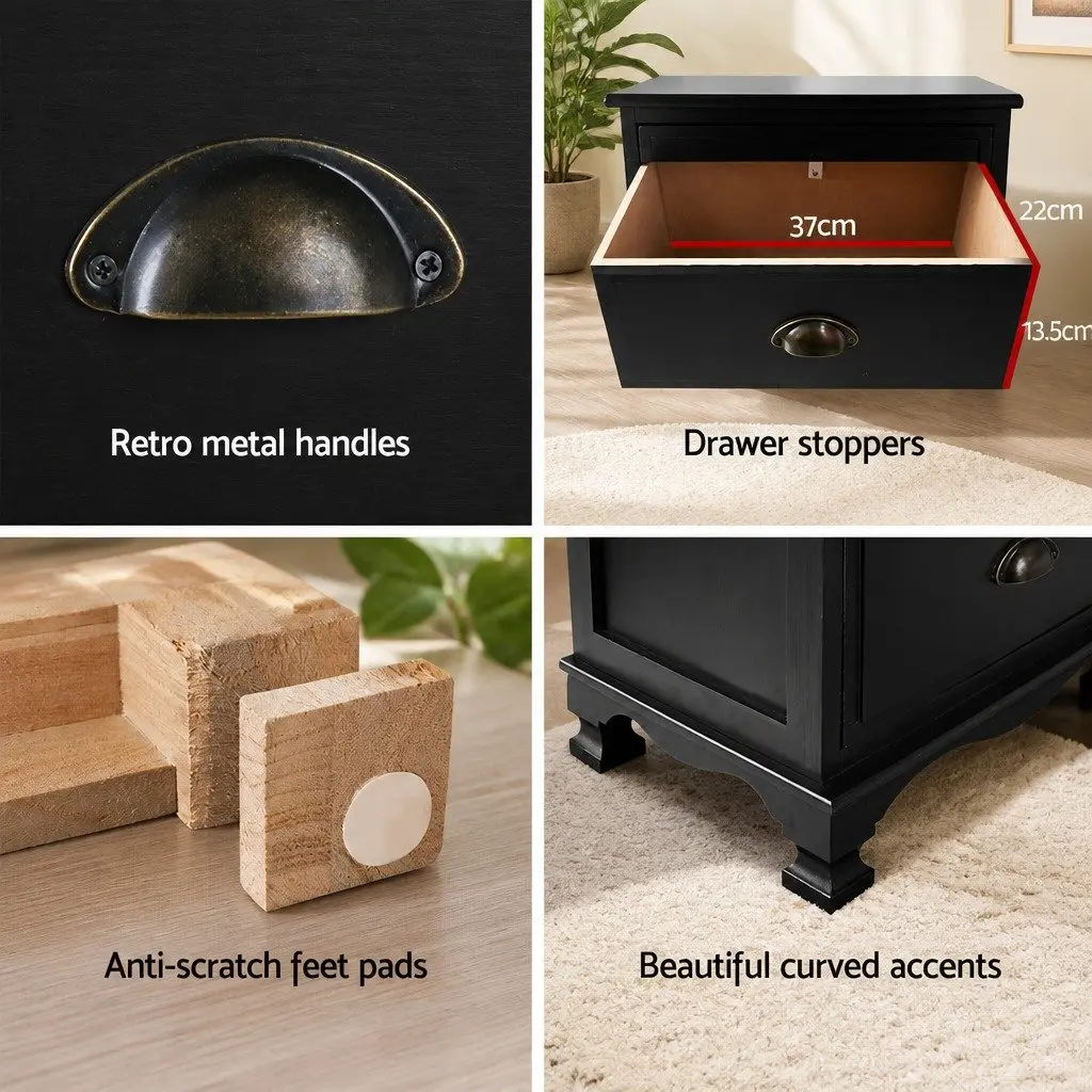 Black Bedside Table 3 Drawers Vintage Storage Cabinet Bedroom 45cm W x 30cm D x 62.5cm H