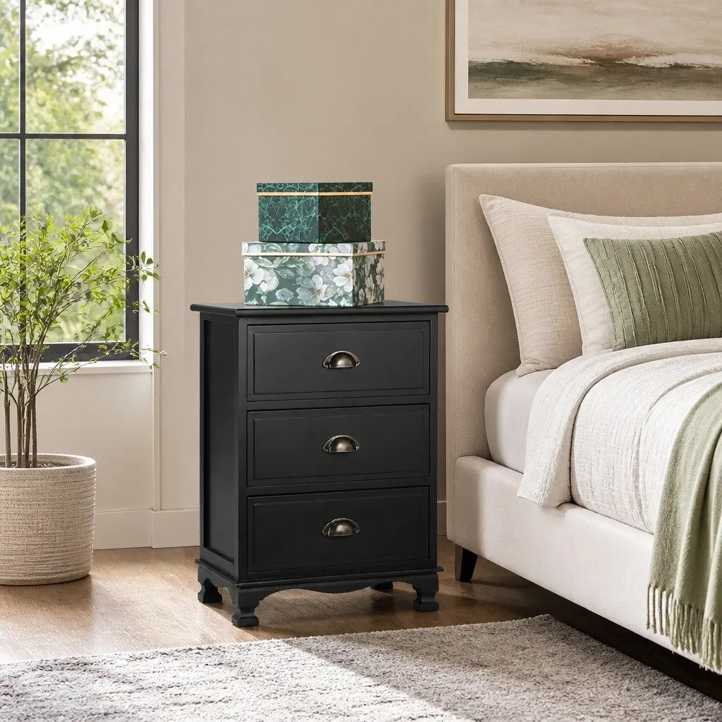 Black Bedside Table 3 Drawers Vintage Storage Cabinet Bedroom 45cm W x 30cm D x 62.5cm H