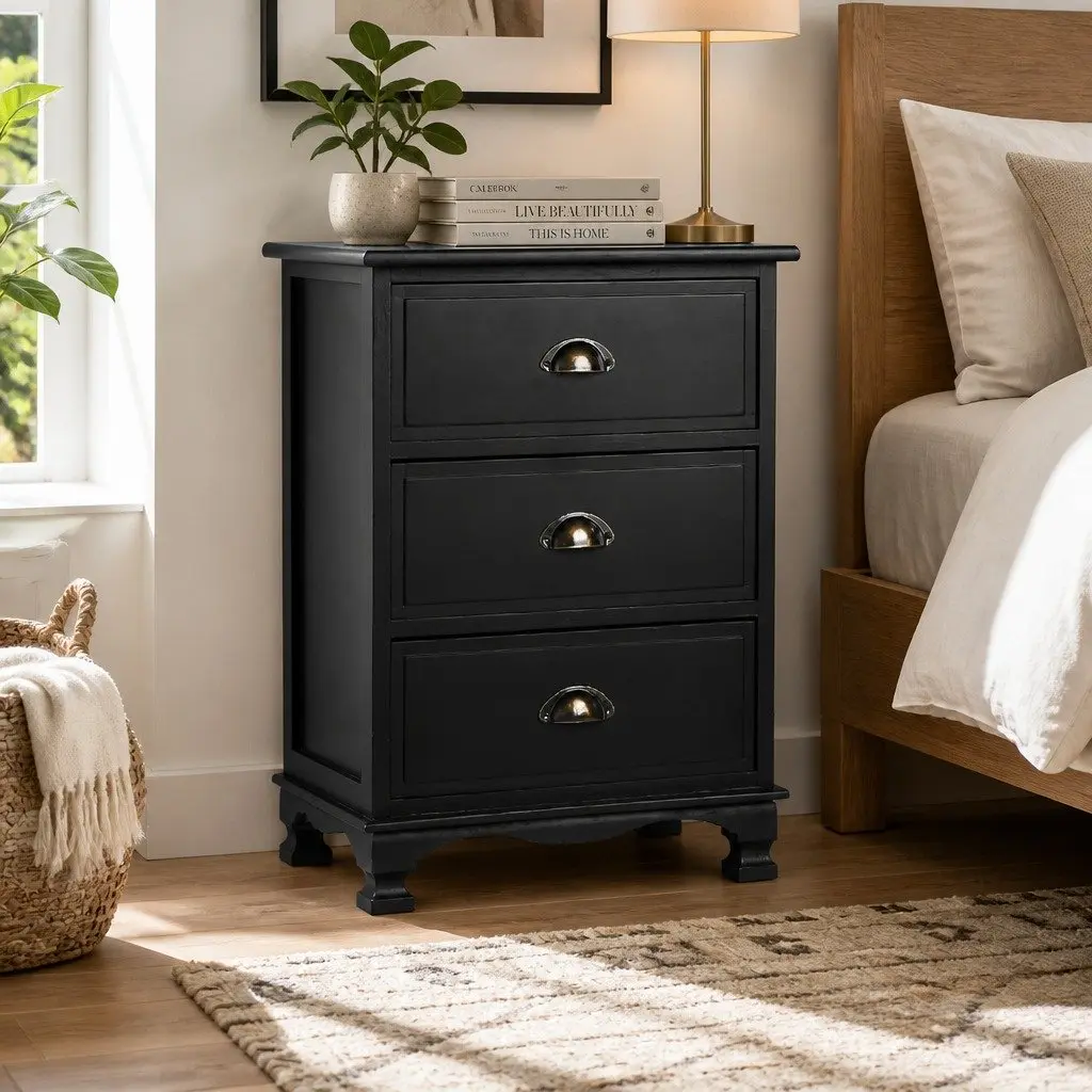 Black Bedside Table 3 Drawers Vintage Storage Cabinet Bedroom 45cm W x 30cm D x 62.5cm H