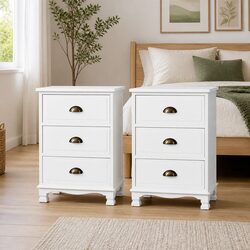 3-Drawer Bedside Table in White with Metal Handles