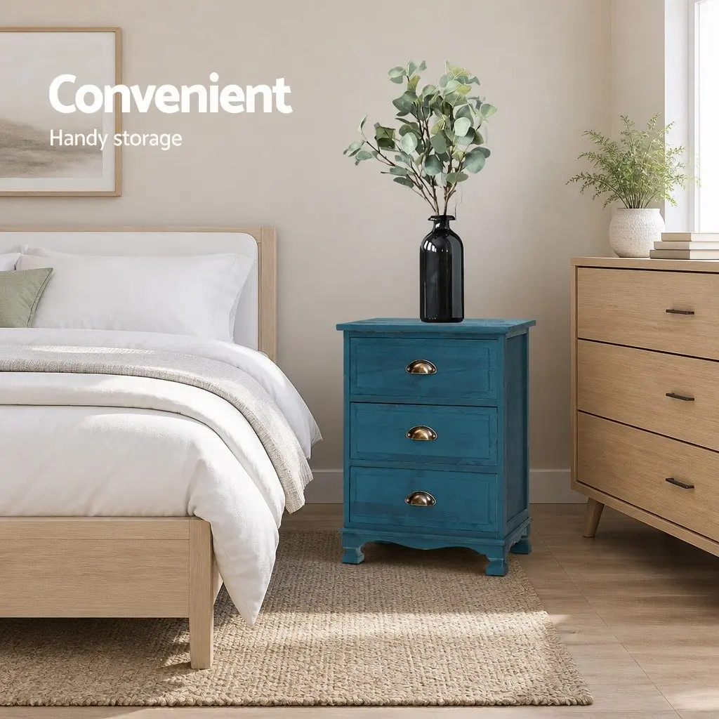 Bedside Table Blue Vintage 3 Drawers Storage Cabinet Nightstand