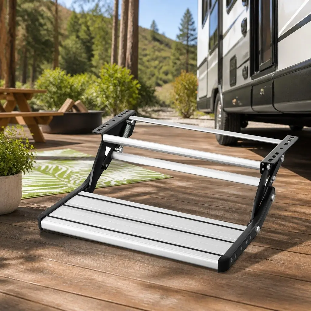 Manual Caravan Step Folding RV Entry Stair 200kg Capacity Non-Slip Aluminium