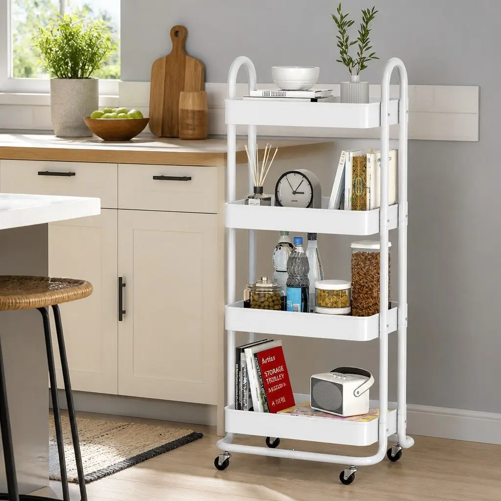 Storage Trolley 4 Tier Kitchen Cart White Rolling Wheels Lockable Portable Home