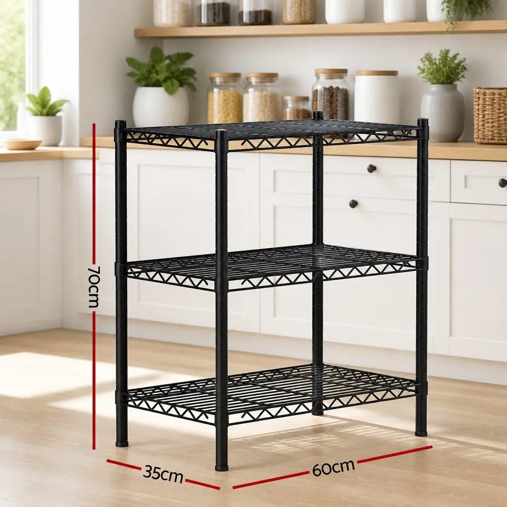 3-Tier Shelving Unit Adjustable Storage Rack Steel Kitchen Garage Organiser 60cm x 35cm x 70cm