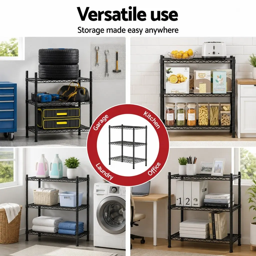 3-Tier Shelving Unit Adjustable Storage Rack Steel Kitchen Garage Organiser 60cm x 35cm x 70cm