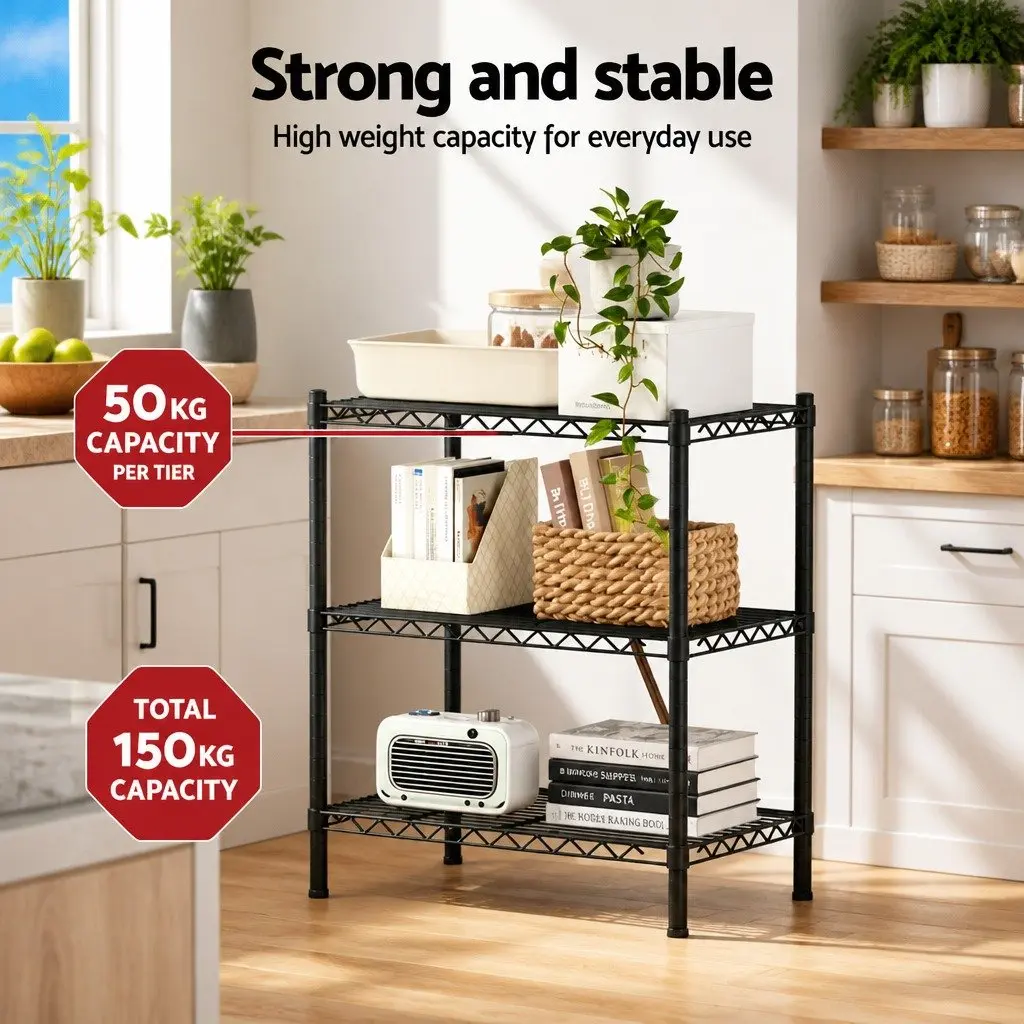 3-Tier Shelving Unit Adjustable Storage Rack Steel Kitchen Garage Organiser 60cm x 35cm x 70cm