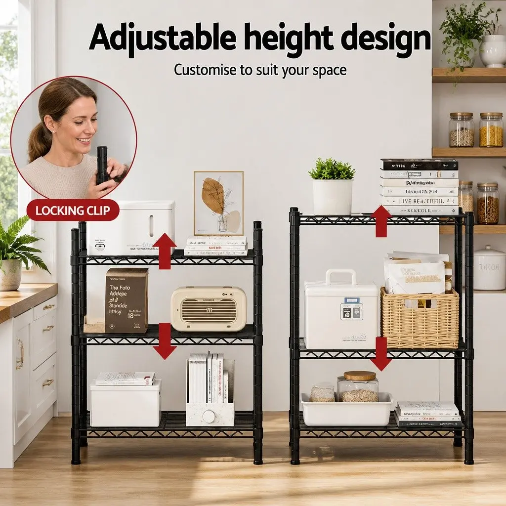 3-Tier Shelving Unit Adjustable Storage Rack Steel Kitchen Garage Organiser 60cm x 35cm x 70cm