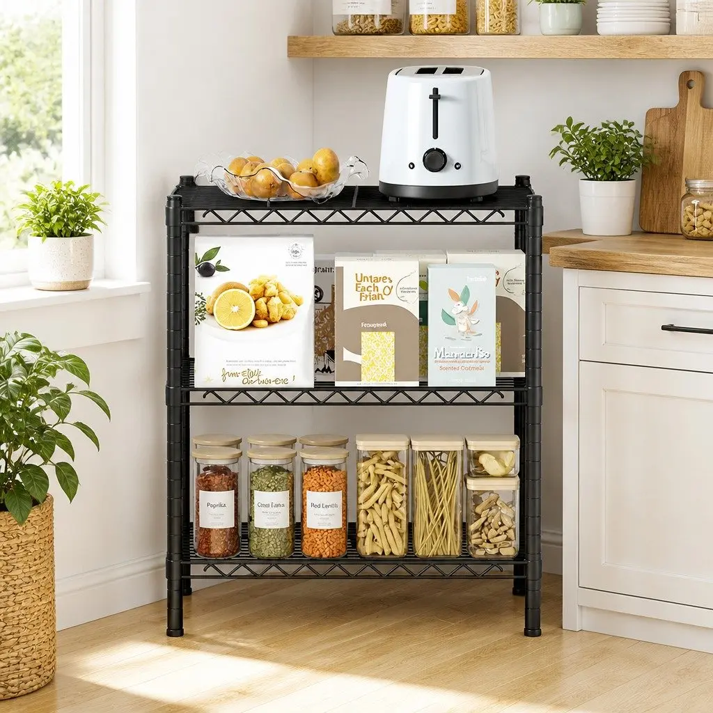 3-Tier Shelving Unit Adjustable Storage Rack Steel Kitchen Garage Organiser 60cm x 35cm x 70cm