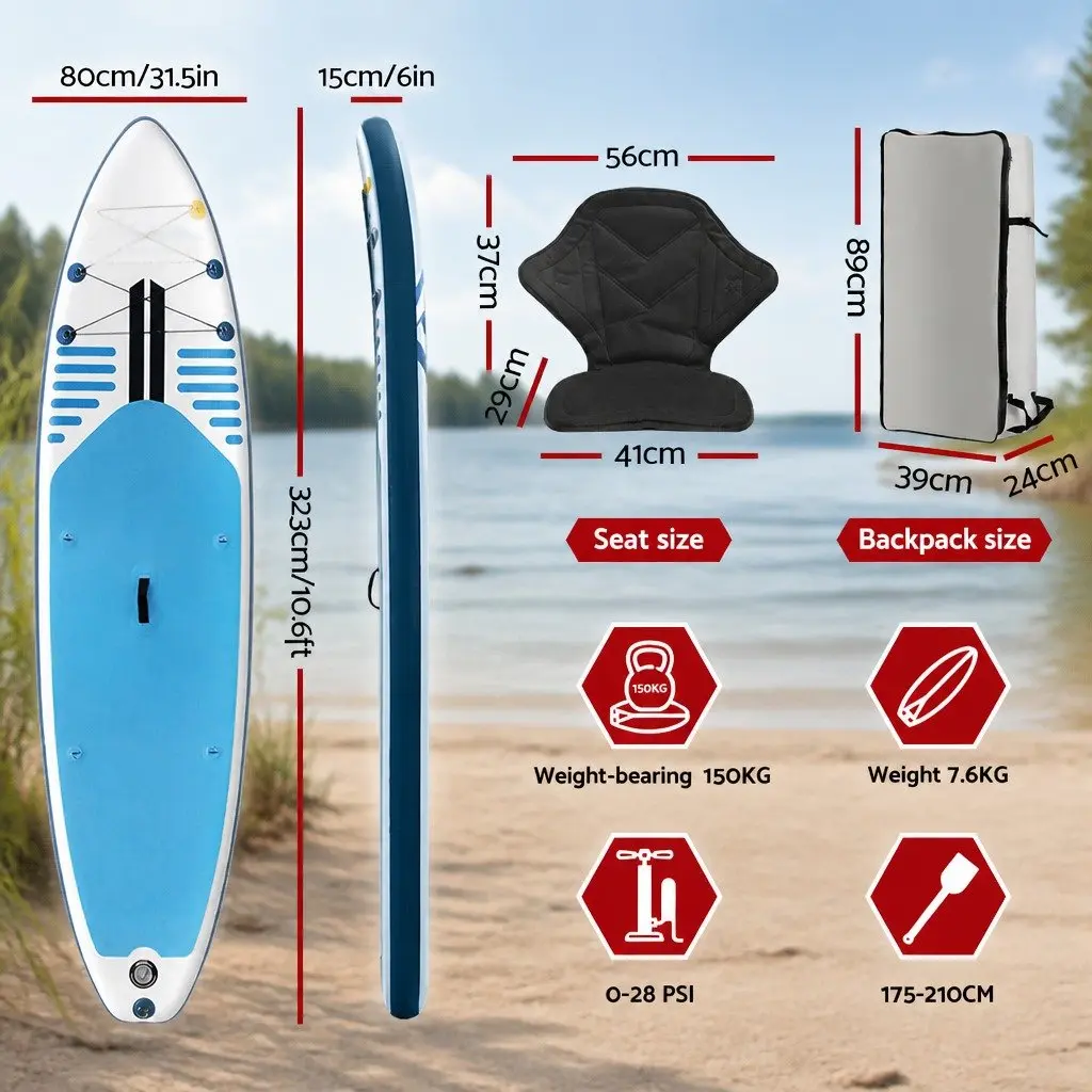 Inflatable Stand Up Paddle Board for Lakes Rivers and Open Water 10.6ft Blue