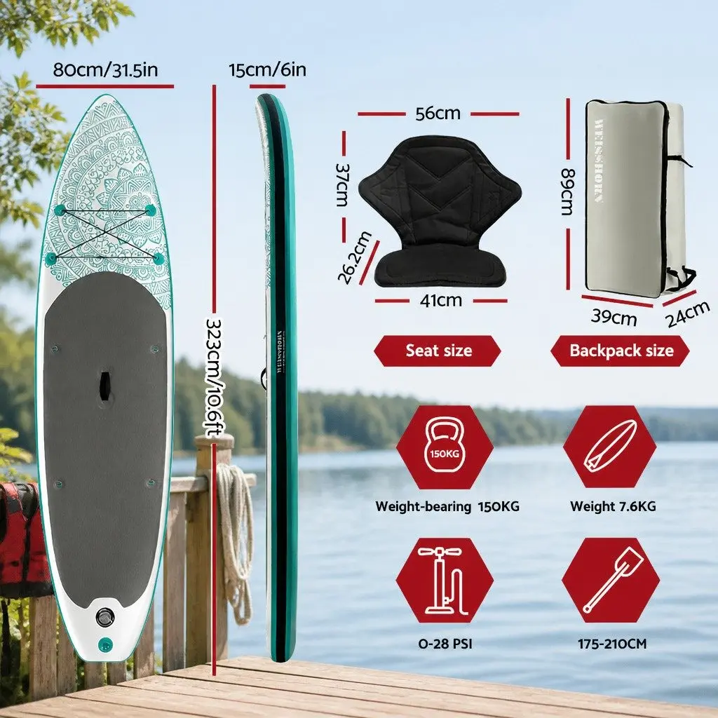 Inflatable Stand Up Paddle Board 10.6ft for Lakes Rivers and Open Water Green