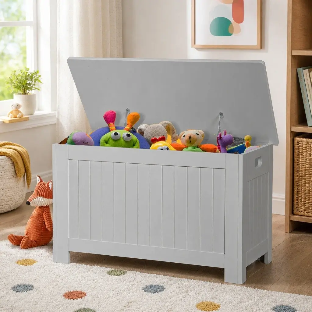 Kids Toy Box Storage Chest Cabinet Wooden Organiser Bench Seat Playroom Grey