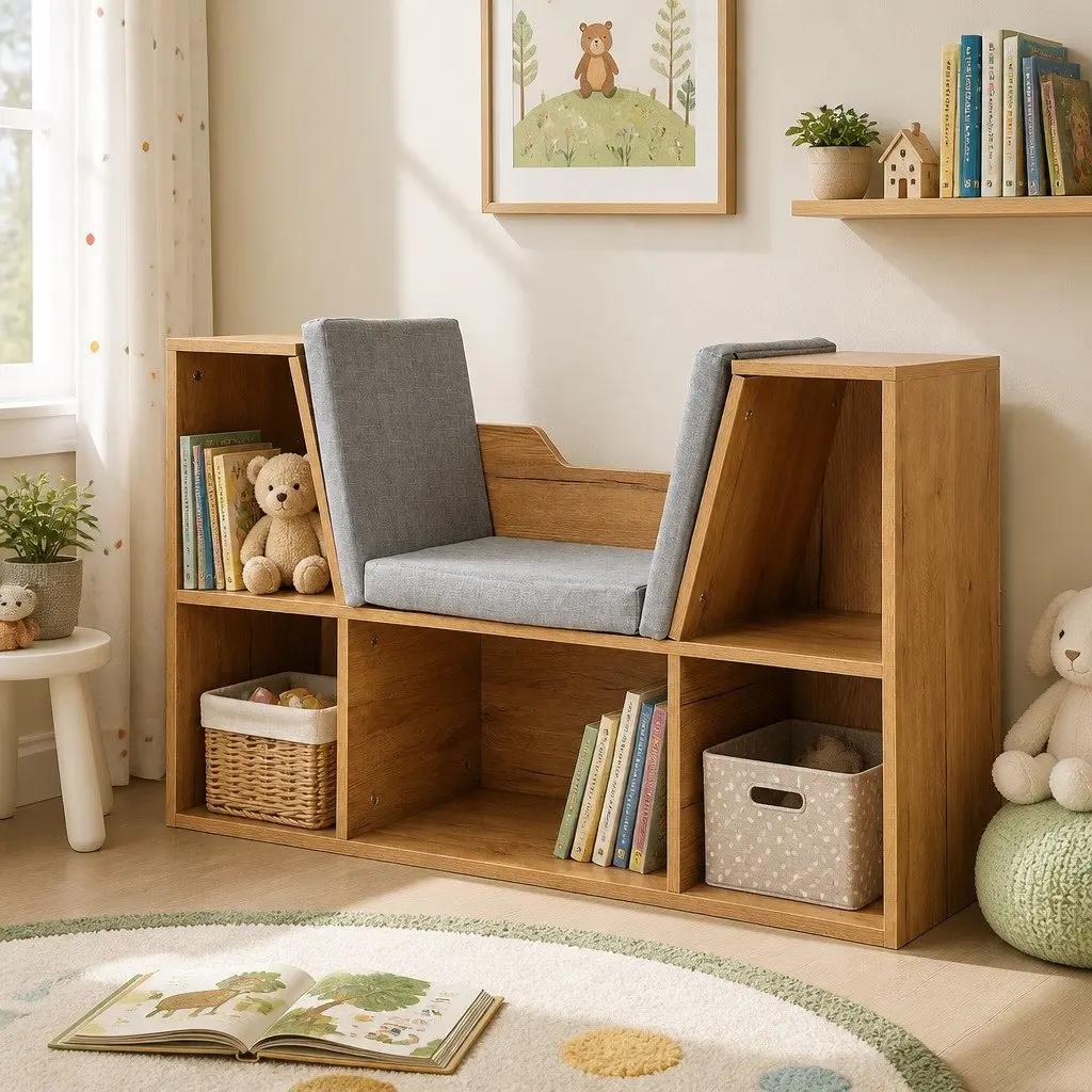 Kids Toy Box Bookcase Storage Organiser Shelf with Seat Cushion Brown