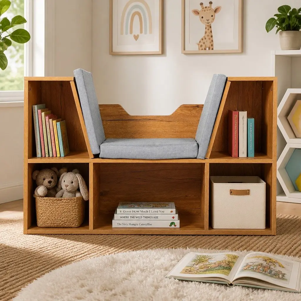 Toy Storage Box Organizer Shelf with Detachable Cushion for Kids Room Brown 98cm L x 30cm W x 61cm H